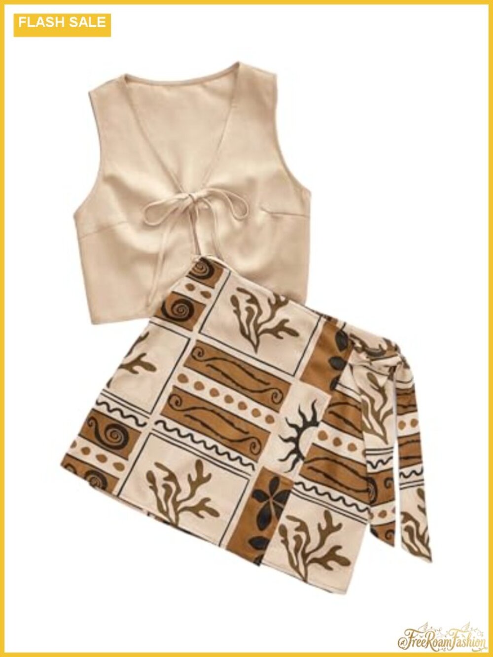Boho 2 Piece Outfit Sleeveless Crop Top Wrap Skirt Set